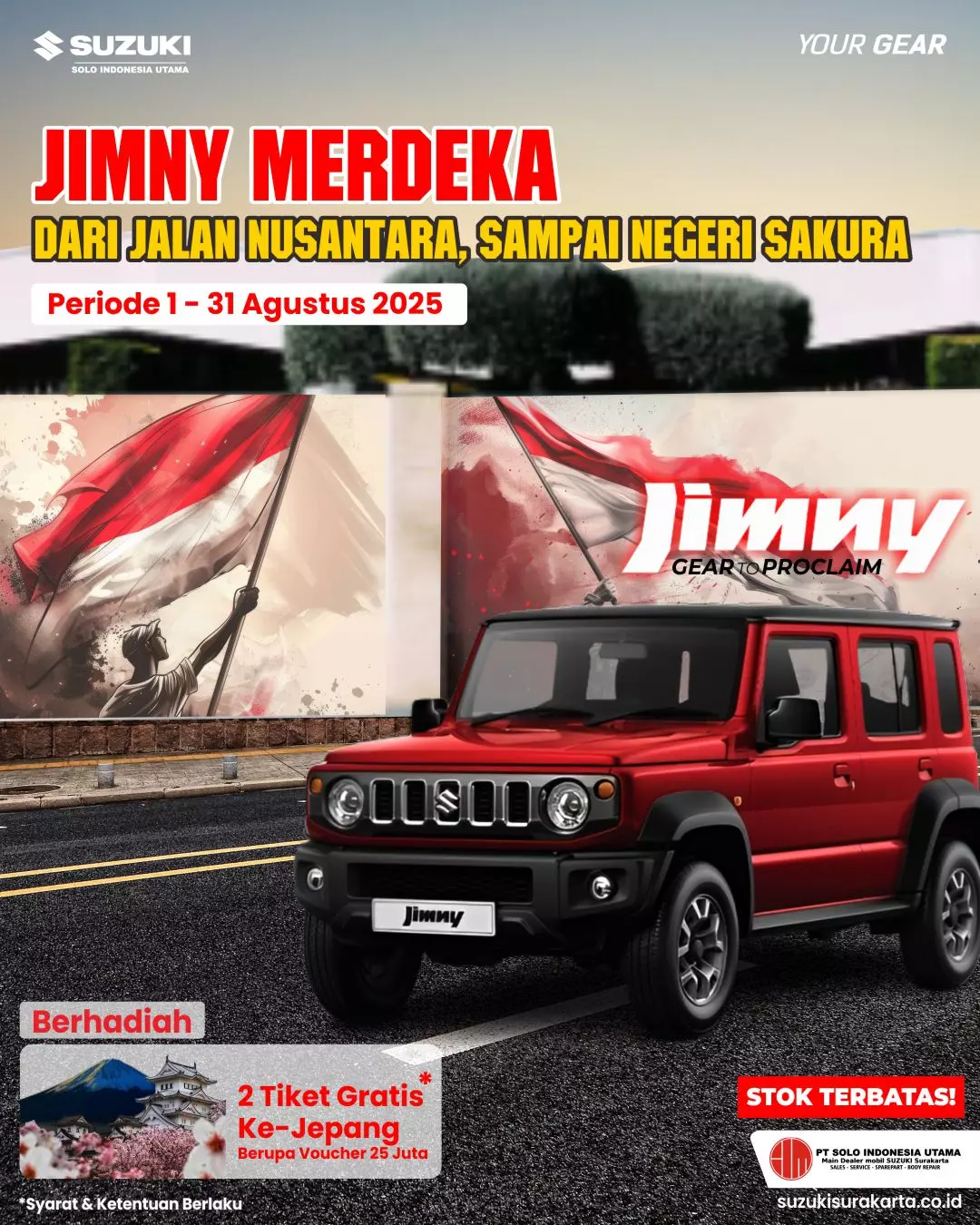 Promo Suzuki Jimny Merdeka 2025 – Beli Jimny dapatkan hadiah tiket gratis ke Jepang senilai 25 juta, periode 1-31 Agustus 2025.