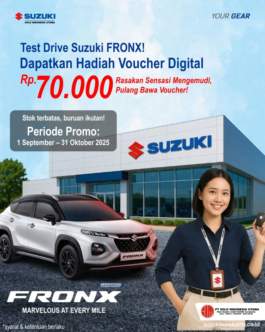 Promo Test Drive Suzuki FRONX – Dapatkan hadiah voucher digital Rp70.000. Periode 1 September – 31 Oktober 2025 di Suzuki Surakarta.