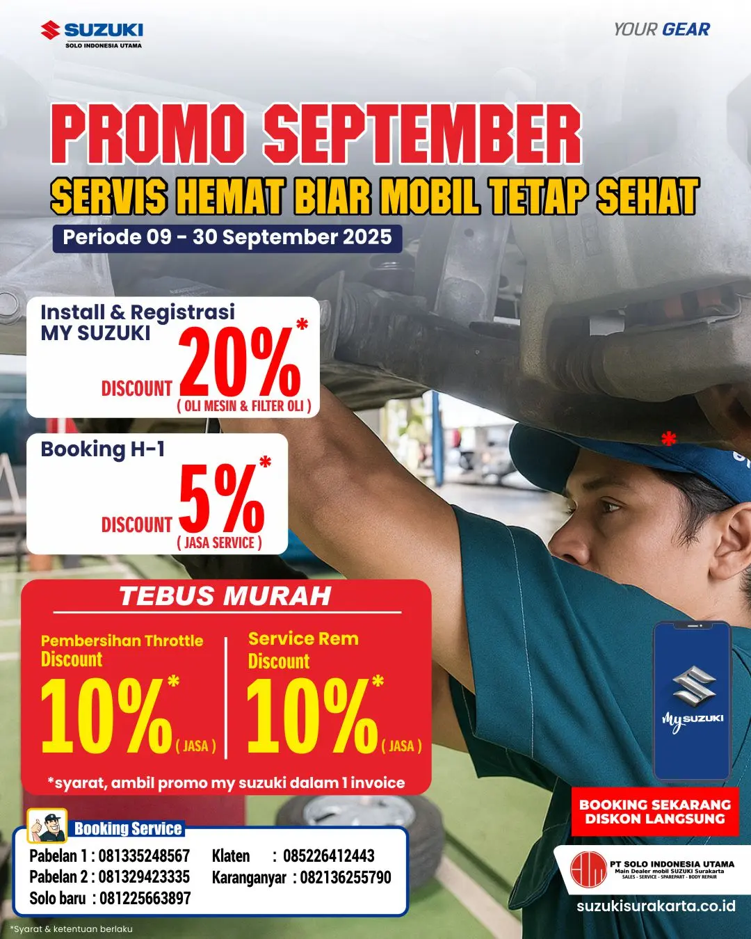 Promo servis September Suzuki Surakarta – Diskon hingga 20% oli mesin & filter, 5% jasa service, dan 10% servis throttle & rem. Periode 9–30 September 2025.